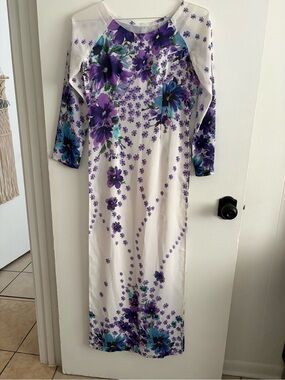 Ao Dai Floral White and Purple Dress